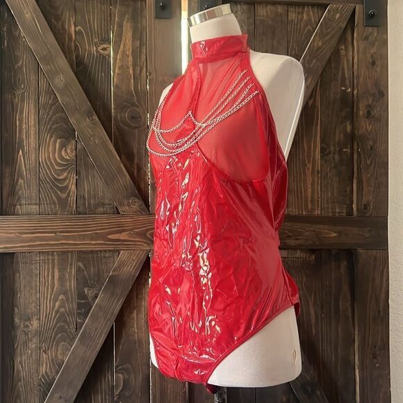 New Wet Look Patent Leather Red Bodysuit Zipper Catsuit Open Crotch Ling… - Picture 6 of 16